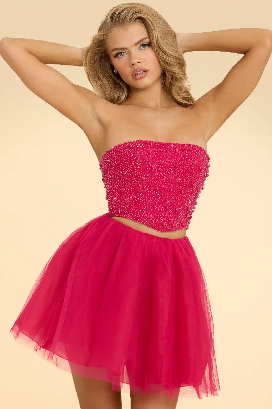 Strapless Corset Crop Top in Hot Pink Asymmetrical Pockets Print