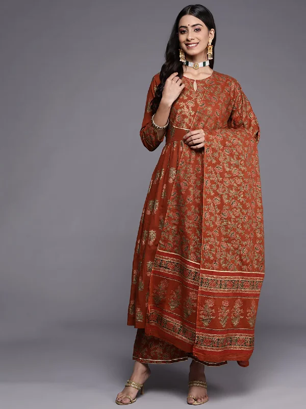 Women's Brown Solid A-Line Kurta Trouser With Dupatta Set - Indo Era Trousers Elastic Waist Soft Women's Brown Solid A-Line Kurta Trouser With Dupatta Set - Indo Era Trousers Elastic Waist Soft