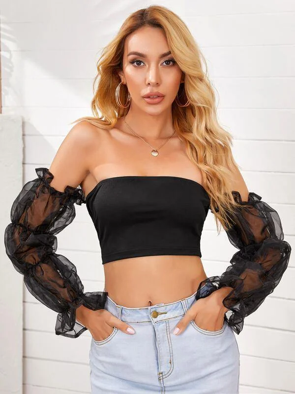 Sheer Mesh Gather Sleeve Crop Top Mesh Blend Leather Blend Suede Blend