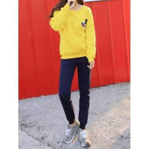 Active Round Neck Loose Long Sleeve Sweatshirt and Straight Pants Twinset For Women - Blue And Black M Hoodie with Tied Waist Feminine Flattering