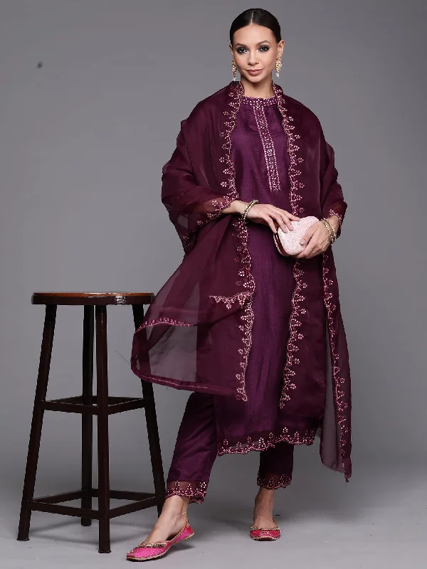 Women's Purple Embroidered Straight Kurta Trouser With Dupatta Set - Indo Era Trousers Tapered Slim Fit Women's Purple Embroidered Straight Kurta Trouser With Dupatta Set - Indo Era Trousers Tapered Slim Fit