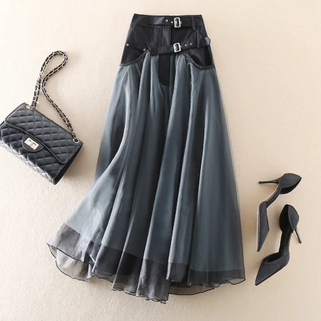 Summer Stitching Mesh High Waist Skirt midi skirt versatile