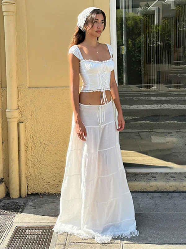 Sophia's French Square Neck Halter Top with Lace Spliced Floor Length Skirt Vacation Suit boho skirt vibe