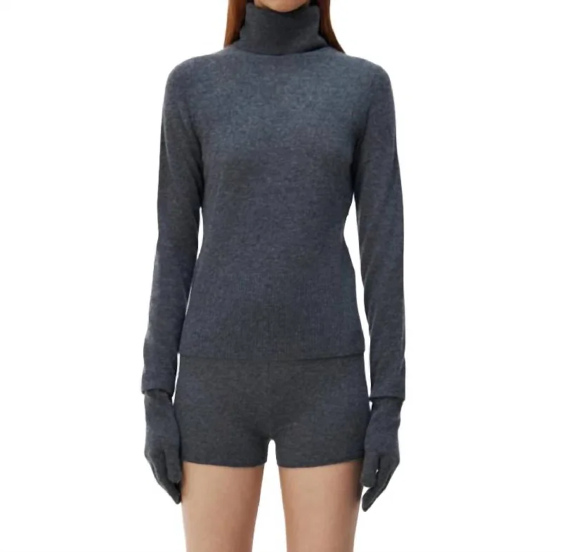 Dita Cashmere Turtleneck Sweater W/ Gloves In Charcoal Melange Welt Pockets Slit Pockets Flap Pockets