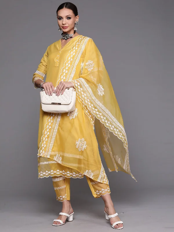 Women's Yellow Embroidered Straight Kurta Trouser With Dupatta Set - Indo Era Trousers practical durable