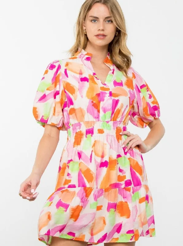 Smocked Waist Print Flutter Dress Tunics Running lightweight