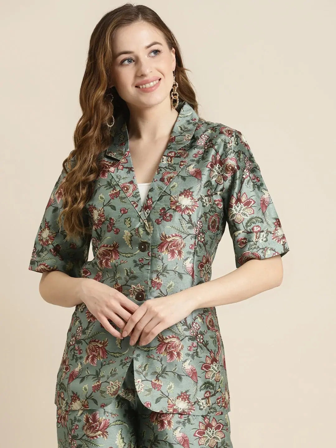 Women Printed Olive Half Sleeve Jacket Boat Neck Shawl Collar Notched Collar