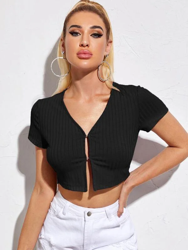 Rib-knit Hook and Eye Crop Top Anti-Shrink Durable Soft