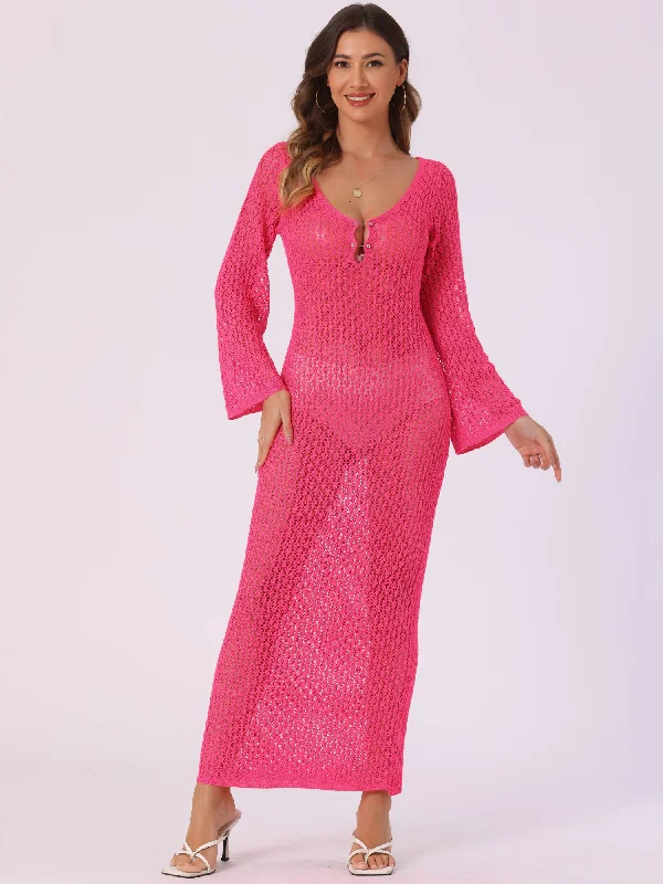 Long Sleeve Hollow Out Swim Cover Up Beach Crochet Dress Tunics Running lightweight