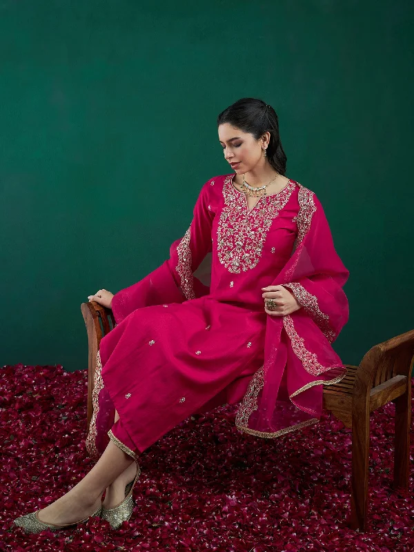Women's Pink Embroidered Straight Kurta Trousers With Dupatta Set - Indo Era Trousers Satin Smooth Women's Pink Embroidered Straight Kurta Trousers With Dupatta Set - Indo Era Trousers Satin Smooth