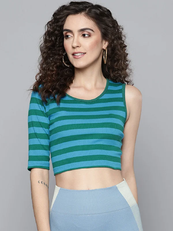 Women Green & Blue Rib One Side Sleeve Crop Top Faux Fur Fabric Real Fur Fabric Shearling Fabric