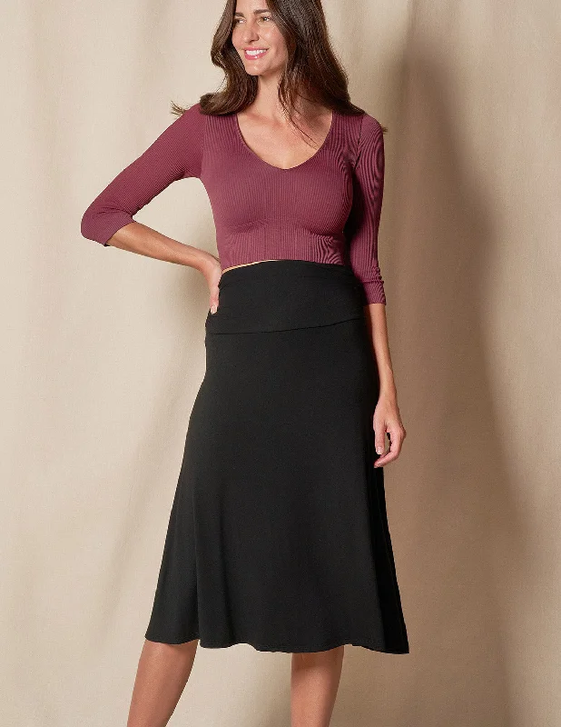 Bamboo Shirred Waist Midi Skirt - Black wool skirt breathable