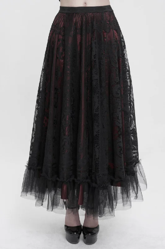 Black/Red Lace Flower Mesh Hem Paneled Ruffles Lace Big Swing Women's Gothic Skirt linen skirt breathable Black/Red Lace Flower Mesh Hem Paneled Ruffles Lace Big Swing Women's Gothic Skirt linen skirt breathable