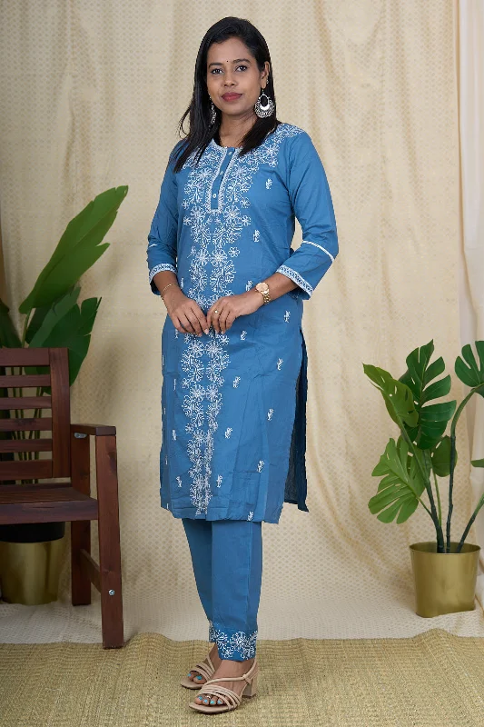Latest Dresses for Ladies - Blue Cotton Coord Set empire Waist empire