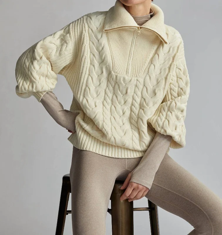 Daria Half Zip Cable Knit Sweater In Winter White Turtle Neck Boat Neck Asymmetrical Neck