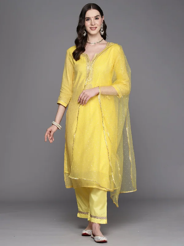 Women's Yellow Embroidered Straight Kurta Trousers With Dupatta Set - Indo Era Trousers Evening Elegant