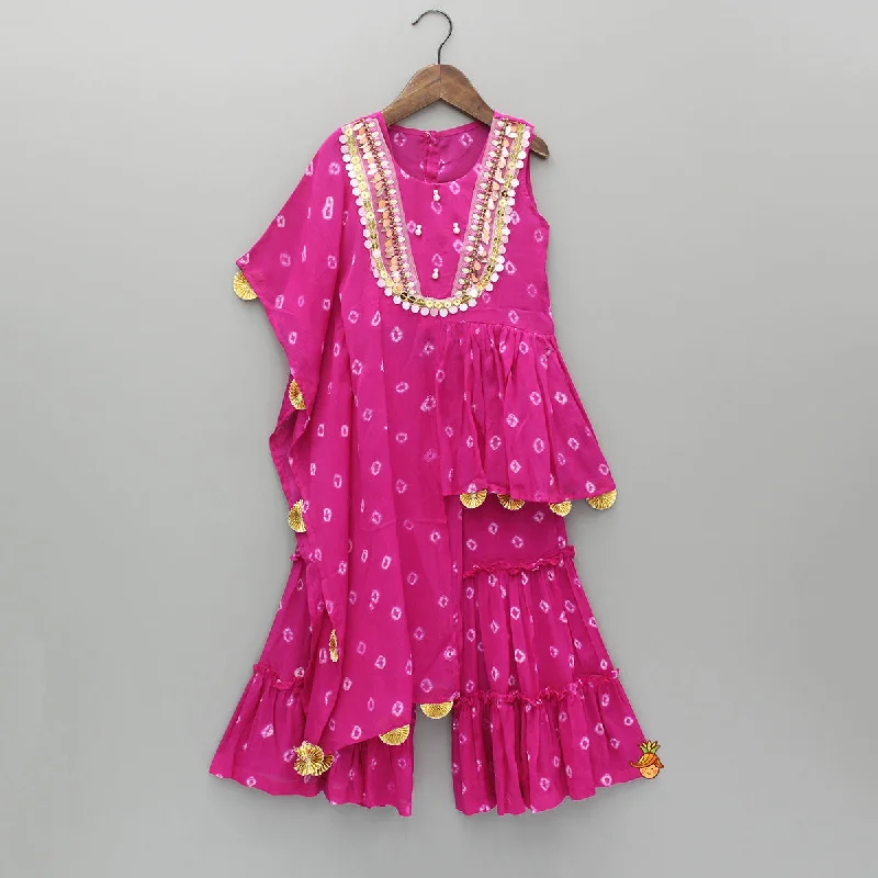 Pre Order: Embellished Printed One Side Drape Kurti With Crop Top And Sharara Anti-Shrink Durable Soft