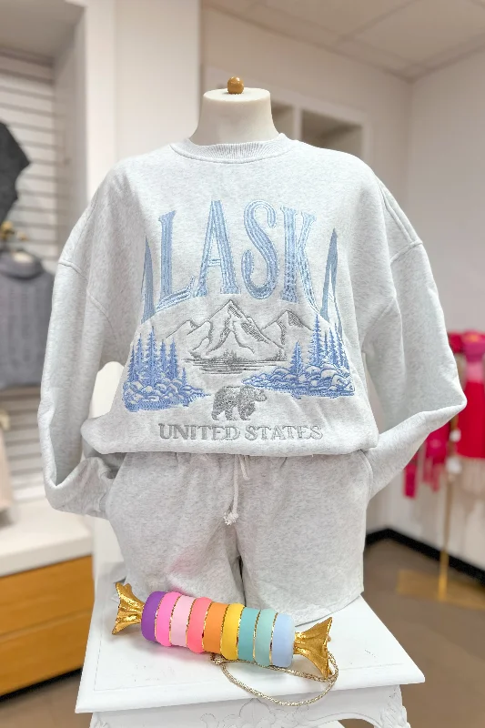 Gray Alaska Embroidered Sweatshirt Hoodie with Puffed Sleeves Voluminous Trendy