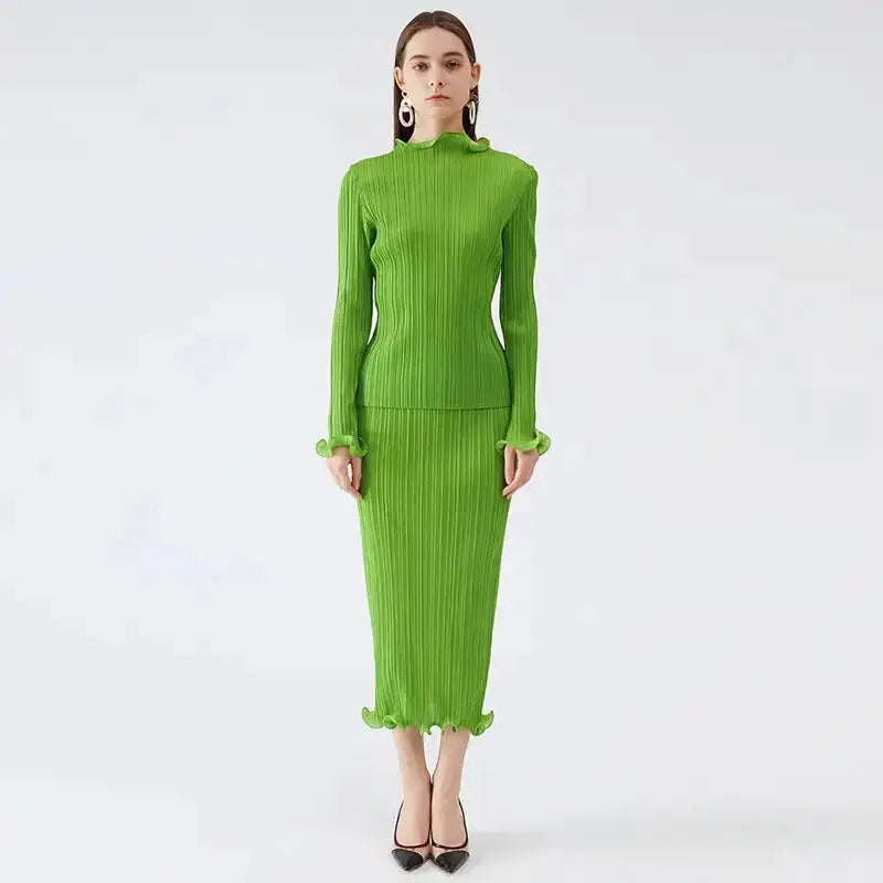 Miyake pleated spring autumn green skirt two piece sets elegant casual lace skirt feminine