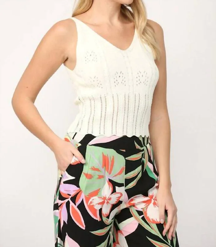 Fitted V Neck Tank Sweater Top In Cream Front Pockets Side Pockets Patch Pockets