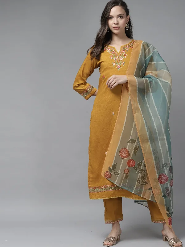 Women's Yellow Floral Embroidered Straight Kurta Trouser With Dupatta Set - Indo Era Trousers Favorite Customer Women's Yellow Floral Embroidered Straight Kurta Trouser With Dupatta Set - Indo Era Trousers Favorite Customer