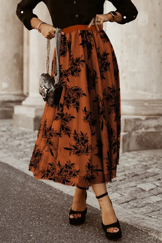 Blue Zone Planet |  Gold Flame Floral Leaves Embroidered High Waist Maxi Skirt chiffon skirt airy
