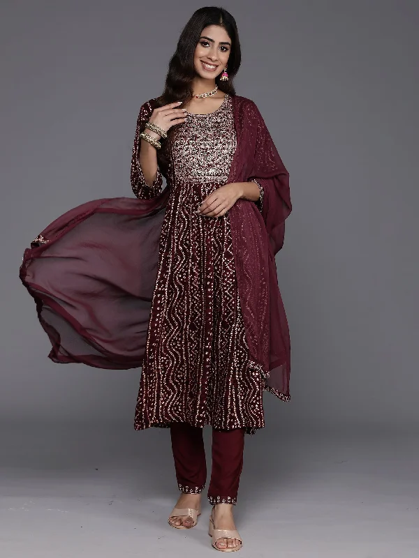 Women's Burgundy Embroidered A-Line Kurta Trousers With Dupatta Set - Indo Era Trousers Trousers Formal Women's Burgundy Embroidered A-Line Kurta Trousers With Dupatta Set - Indo Era Trousers Trousers Formal
