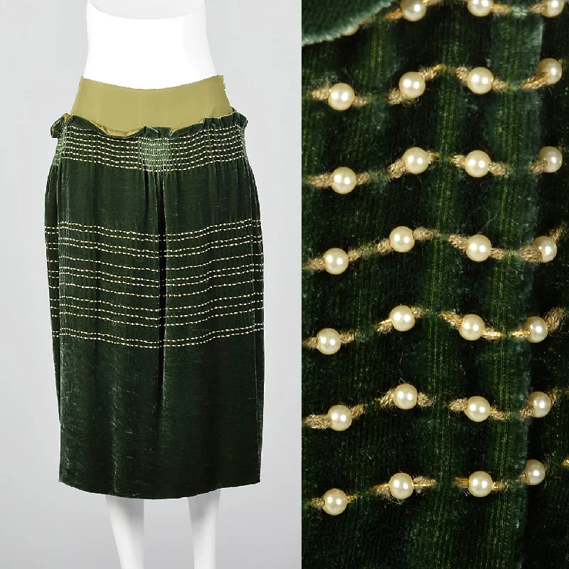 1990s Green Velvet Skirt with Beads breathable skirt fabric