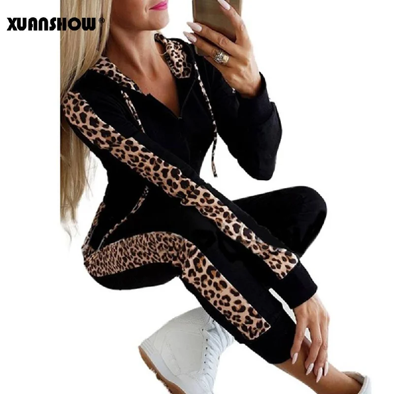 XUANSHOW Autumn Winter Fashion Tracksuit Women Splice Fleece Leopard Print Coat with Hood Two Pieces Set Hoodies Long Pants Suit Hoodie with Relaxed Fit Easy Casual