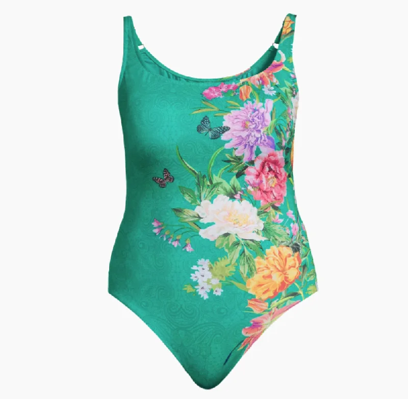 Johnny Was Peacock Goza Tank One Piece Swimsuit Multi cold shoulder tank
