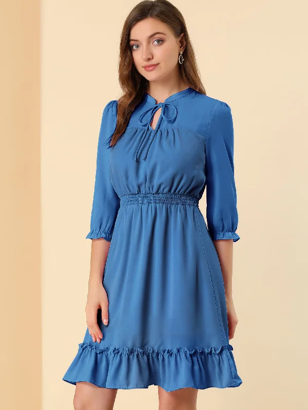 Ruffle Hem 3/4 Sleeve A-Line Smocked Short Chiffon Dress Tunics Recommended stylist