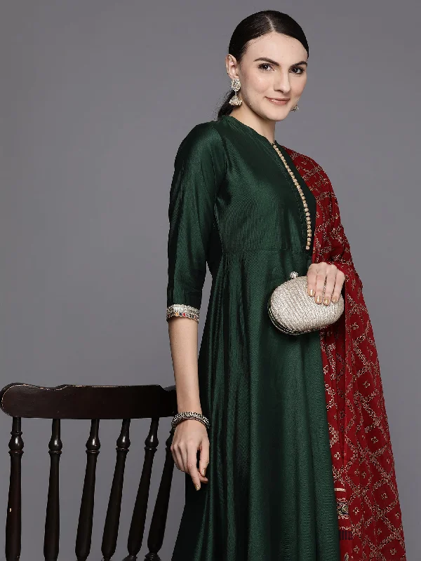 Women's Green Solid A-Line Kurta Trousers With Dupatta Set - Indo Era Trousers Leather Faux Women's Green Solid A-Line Kurta Trousers With Dupatta Set - Indo Era Trousers Leather Faux