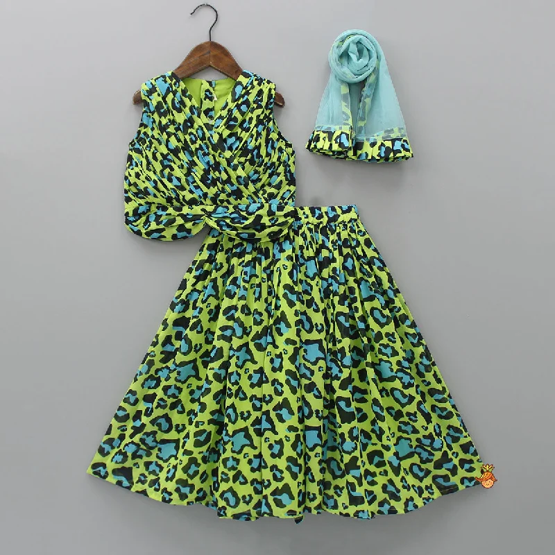 Animal Printed Fancy Pleated Crop Top And Lehenga With Dupatta Striped Floral Plaid