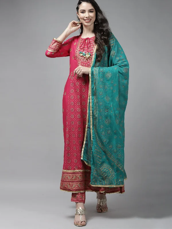Women's Pink Foil Printed A-Line Kurta Trouser With Dupatta Set - Indo Era Chinos Cotton Straight Leg Women's Pink Foil Printed A-Line Kurta Trouser With Dupatta Set - Indo Era Chinos Cotton Straight Leg