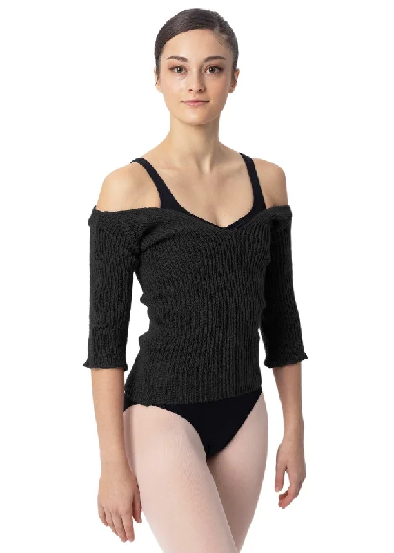 Off-the-Shoulder V-Neck Knit Sweater Chenille Blend Fleece Blend Nylon Blend