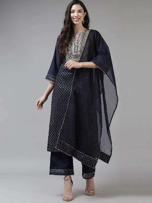 Women's Navy Blue Embroidered Straight Kurta Trouser With Dupatta Set - Indo Era Trousers Sale Discount Women's Navy Blue Embroidered Straight Kurta Trouser With Dupatta Set - Indo Era Trousers Sale Discount