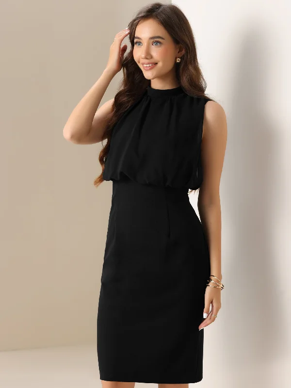 Puff Sleeveless Solid Color Midi Sheath Dress Tunics Bridal satin