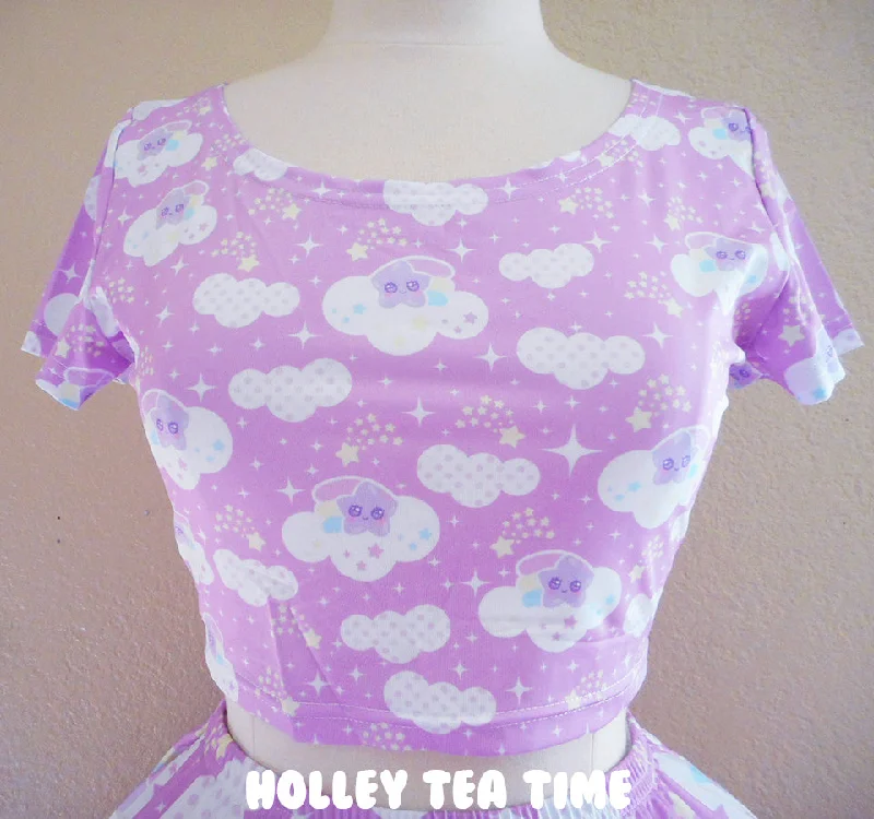 Shooting Star Clouds Pink Short Sleeve Crop Top [Made To Order] Lace Blend Ribbed Blend Corduroy Blend