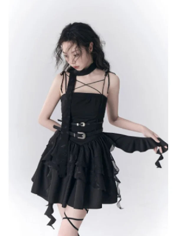 Black Rose Ribbon Dress & belts【s0000001783】 Square Neckline Feminine