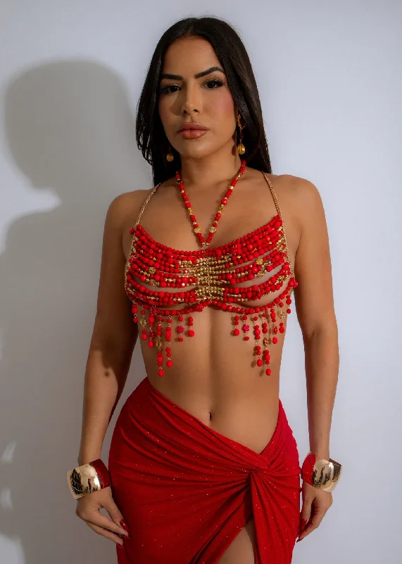 Delicate Like A Flower Beaded Crop Top Red Satin Fabric Silk Fabric Chiffon Fabric