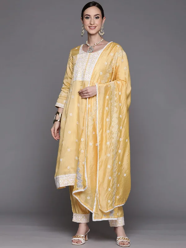 Women's Yellow Embroidered Straight Kurta Trousers With Dupatta Set - Indo Era Trousers Plaid Checkered Women's Yellow Embroidered Straight Kurta Trousers With Dupatta Set - Indo Era Trousers Plaid Checkered