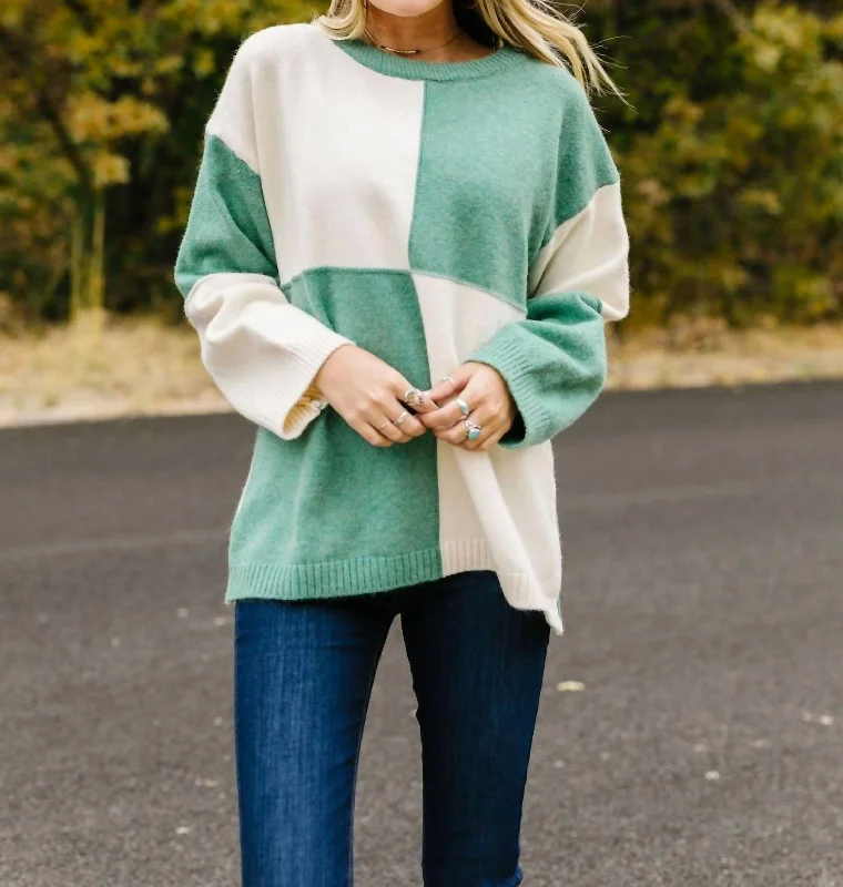 Kelly Four Square Color Block Sweater In Ivory/green Elasticated Padded Insulated