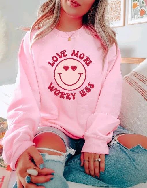 Love More Worry Less Pink Sweatshirt Hoodie with Tied Waist Feminine Flattering