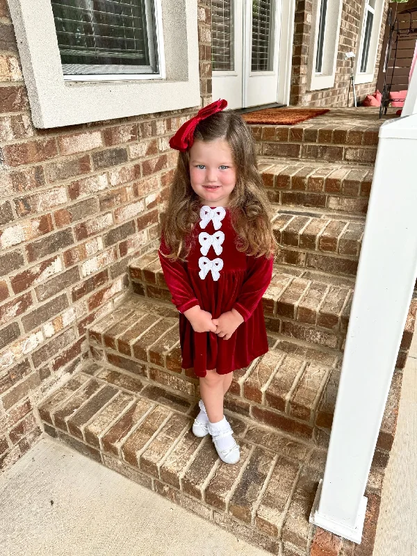 Maroon Velvet Bow Girl Dress Tunics Long Elegant