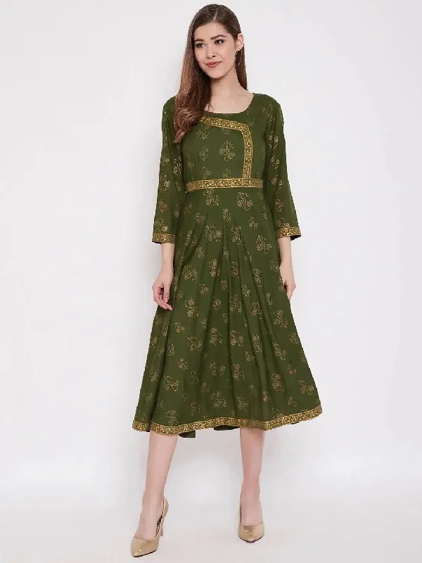 Deep back with front mock overlap Dress in Green Tunics Print Colorful