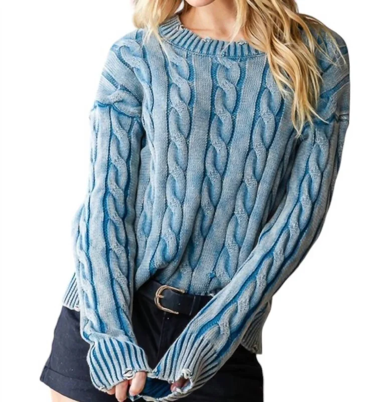 Cable Knitted Mineral Wash Sweater In Washed Denim Fleece Sweater Nylon Polyester