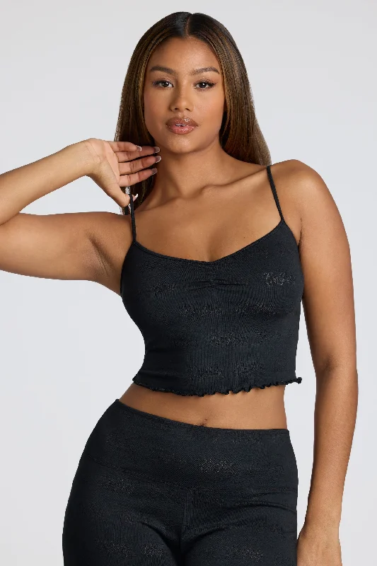Strappy Ruched Pointelle Crop Top in Black Satin Blend Silk Blend Wool Blend