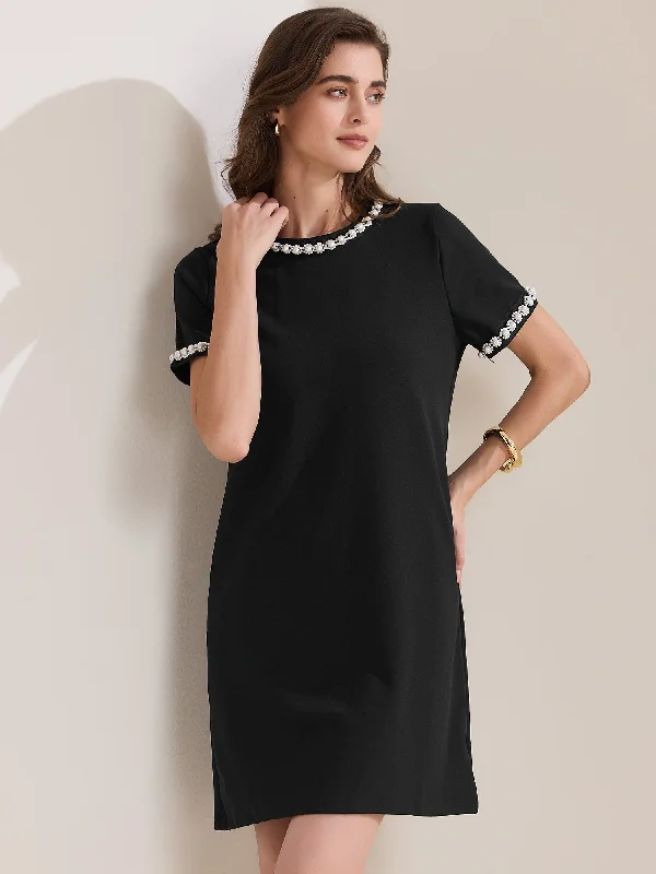 Short Sleeve Crew Neck Faux Pearl Decor Pocketed Dress Tunics Prom sequined