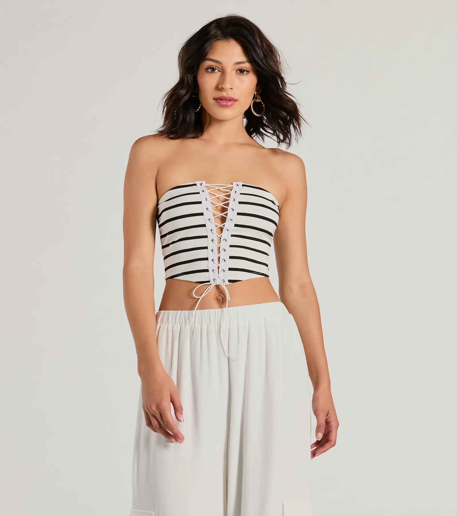 Bold Babe Strapless Lace-Up Striped Crop Top Print Jacquard Patchwork