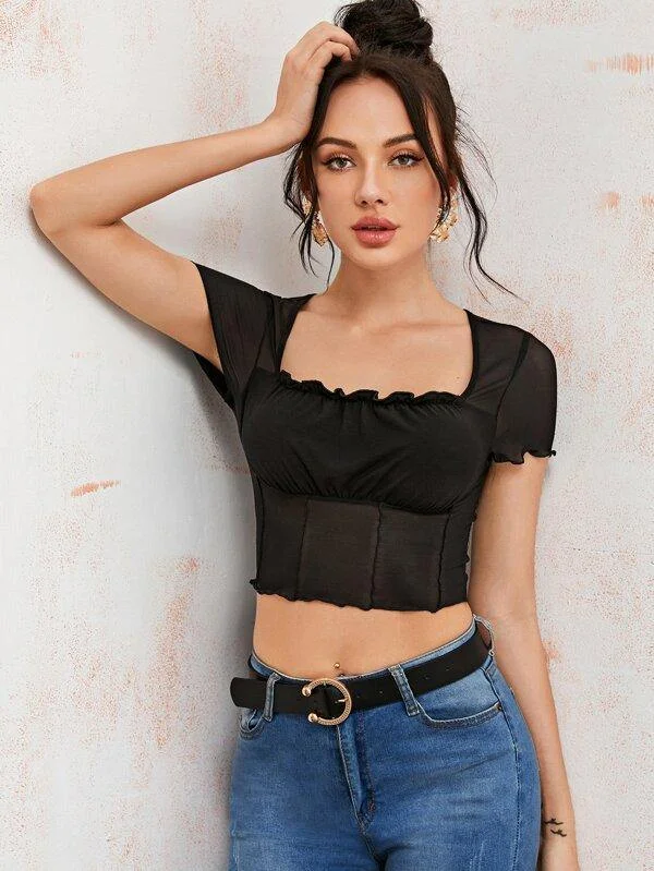 Lettuce Trim Ruched Bust Mesh Crop Top Solid Color Striped Floral